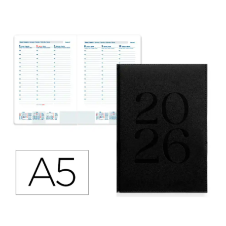 AGENDA ENCUADERNADA LIDERPAPEL CRETA 150X210 MM 2026 SEMANA VISTA NEGRO PAPEL 70 GR