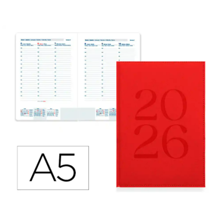AGENDA ENCUADERNADA LIDERPAPEL CRETA 150X210 MM 2026 SEMANA VISTA ROJO PAPEL 70 GR