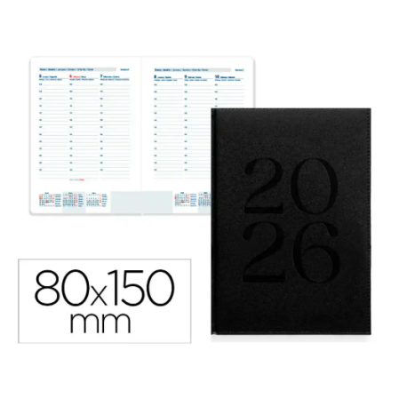 AGENDA ENCUADERNADA LIDERPAPEL CRETA 80X150 MM 2026 SEMANA VISTA NEGRO PAPEL 70 GR