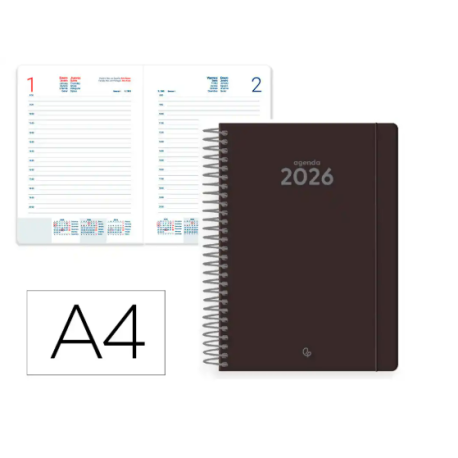 AGENDA ESPIRAL LIDERPAPEL CLASSIC A4 2026 DIA PAGINA NEGRO PAPEL 70 GR FSC