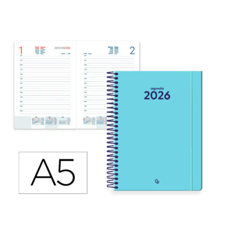 AGENDA ESPIRAL LIDERPAPEL CLASSIC A5 2026 DIA PAGINA AZUL CLARO PAPEL 70 GR FSC