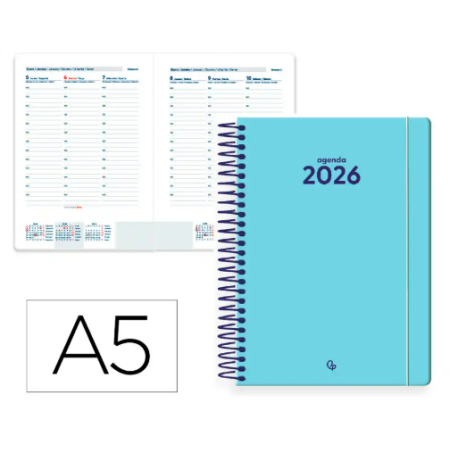 AGENDA ESPIRAL LIDERPAPEL CLASSIC A5 2026 SEMANA VISTA AZUL CLARO PAPEL 70 GR FSC