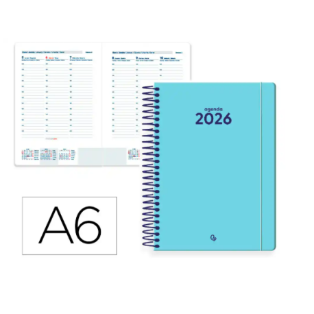 AGENDA ESPIRAL LIDERPAPEL CLASSIC A6 2026 SEMANA VISTA AZUL CLARO PAPEL 70 GR FSC