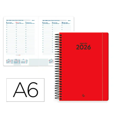 AGENDA ESPIRAL LIDERPAPEL CLASSIC A6 2026 SEMANA VISTA ROJO PAPEL 70 GR FSC