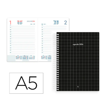 AGENDA ESPIRAL LIDERPAPEL GAZI A5 2026 DIA PAGINA NEGRO PAPEL 70 GR FSC