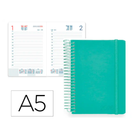 AGENDA ESPIRAL LIDERPAPEL NEON A5 2026 DIA PAGINA MENTA PAPEL 70 GR FSC