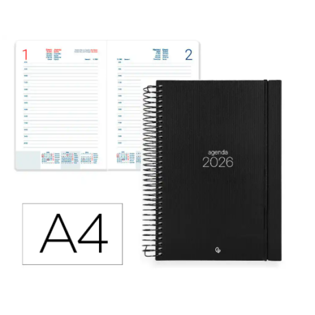 AGENDA ESPIRAL LIDERPAPEL OLBIA A4 2026 DIA PAGINA NEGRO PAPEL 60 GR FSC