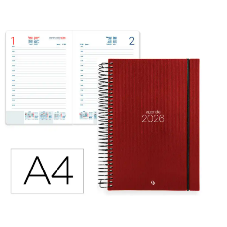 AGENDA ESPIRAL LIDERPAPEL OLBIA A4 2026 DIA PAGINA ROJO PAPEL 60 GR FSC