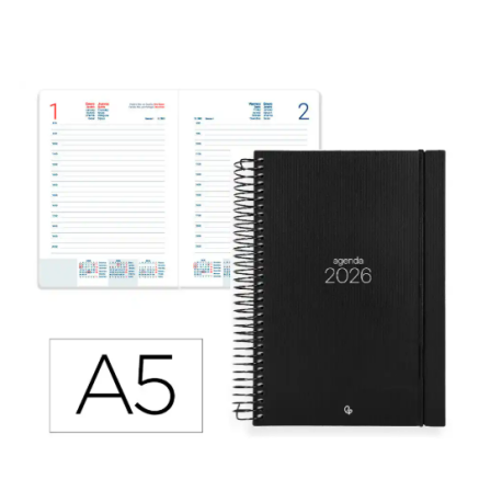 AGENDA ESPIRAL LIDERPAPEL OLBIA A5 2026 DIA PAGINA NEGRO PAPEL 60 GR FSC