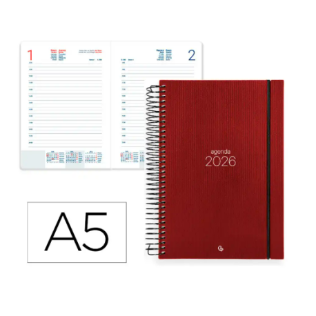 AGENDA ESPIRAL LIDERPAPEL OLBIA A5 2026 DIA PAGINA ROJO PAPEL 60 GR FSC