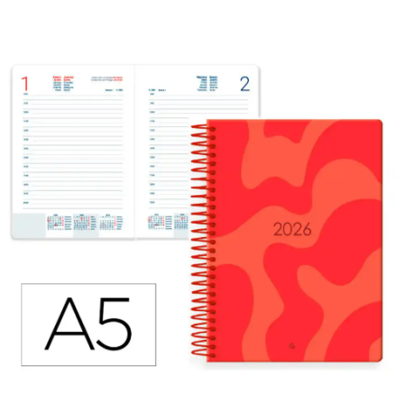 AGENDA ESPIRAL LIDERPAPEL SYROS A5 2026 DÍA PÁGINA ROJO PAPEL 60G FSC