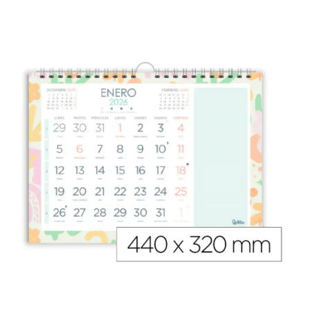 CALENDARIO ESPIRAL PARED LIDERPAPEL JOVEN 2026 NUMEROS GRANDES 44X32 CM PAPEL 128 GR CON PEGATINAS