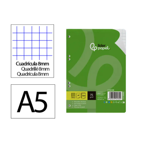 RECAMBIO LIDERPAPEL DIN A5 100 HOJAS 75 GR CUADRO 8MM CON MARGEN 6 TALADROS