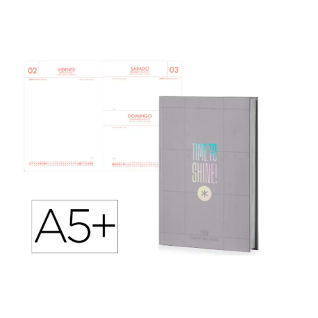AGENDA ENCUADERNADA ANTARTIK TIME TO SHINE A5+ 2026 DÍA PÁGINA GRIS PAPEL 80G FSC
