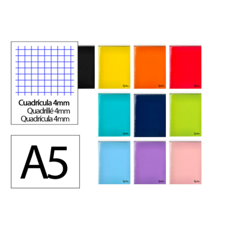 CUADERNO ESPIRAL LIDERPAPEL DIN A5 APAISADO SMART TAPA BLANDA 80H 75GR CUADRO 4MM CON MARGEN COLORES SURTIDOS