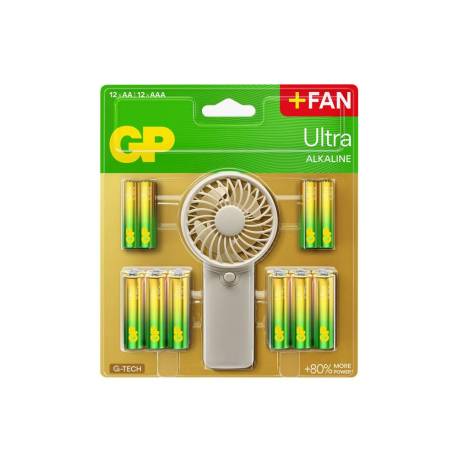 PILA GP ULTRA ALCALINA BLISTER DE 12 UNIDADES AA + 12 UNIDADES AAA + VENTILADOR DE MANO