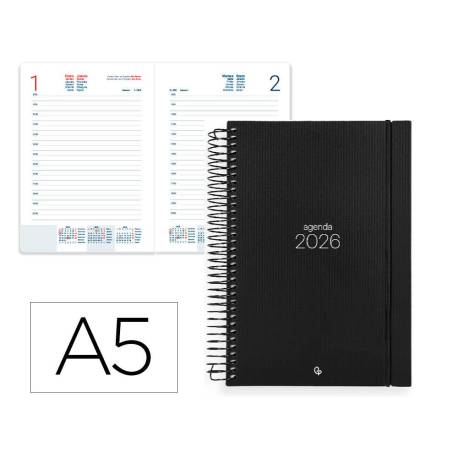AGENDA ESPIRAL LIDERPAPEL OLBIA A5 2026 DIA PAGINA NEGRO PAPEL 60 GR FSC