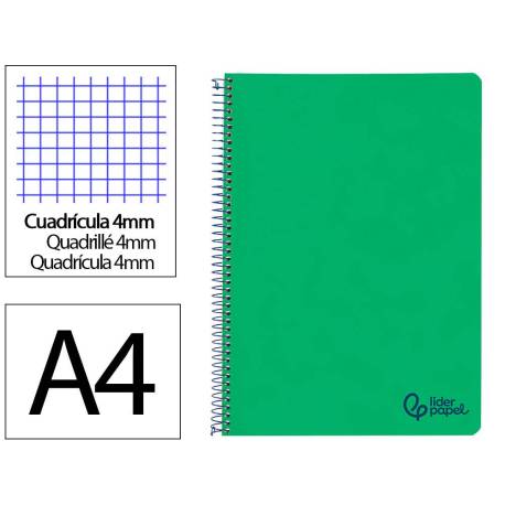 CUADERNO ESPIRAL LIDERPAPEL A4 WONDER TAPA PLASTICO 80H 90GR CUADRO 4MM CON MARGEN COLOR VERDE OSCURO