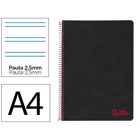 CUADERNO ESPIRAL LIDERPAPEL A4 WONDER TAPA PLASTICO 80H 90GR PAUTA ESTRECHA 2,5MM CON MARGEN COLOR NEGRO