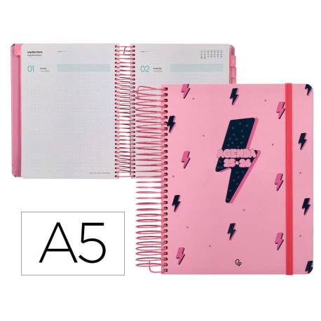 AGENDA ESCOLAR LIDERPAPEL 25-26 ESPIRAL PATTERNS RAYOS ROSA DIA PAGINA A5 BILINGÜE PAPEL FSC 80 GR