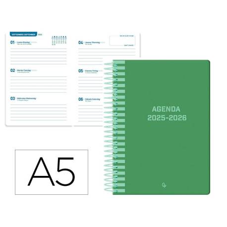 AGENDA ESCOLAR LIDERPAPEL 25-26 ESPIRAL CLASSIC VERDE SEMANA VISTA A5 BILINGÜE PAPEL FSC 70 GR