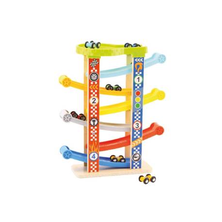 JUEGO INFANTIL IMAGINOVO MADERA TORRE DE DESLIZAMIENTO CON 7 NIVELES INCLUYE 6 COCHES +18 MESES 38X32X14CM