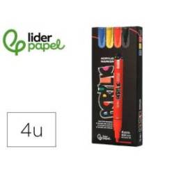ROTULADOR LIDERPAPEL ACRYLIC BASE AGUA TODO TIPO DE SUPERFICIE PUNTA REDONDA 3 MM CAJA DE 4 UNIDADES COLORES