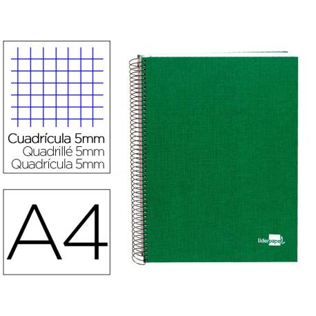 CUADERNO ESPIRAL LIDERPAPEL A4 MICRO PAPERCOAT TAPA FORRADA 140H 75 GR CUADRO5MM 5 BANDAS 4 TALADROS VERDE