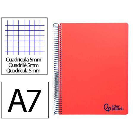 CUADERNO ESPIRAL LIDERPAPEL A7 MICRO WONDER TAPA PLASTICO 100H 90 GR CUADRO 5MM 4 BANDAS ROJO