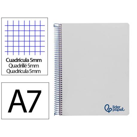 CUADERNO ESPIRAL LIDERPAPEL A7 MICRO WONDER TAPA PLASTICO 100H 90 GR CUADRO 5MM 4 BANDAS GRIS