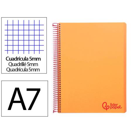 CUADERNO ESPIRAL LIDERPAPEL A7 MICRO WONDER TAPA PLASTICO 100H 90 GR CUADRO 5MM 4 BANDAS COLOR NARANJA