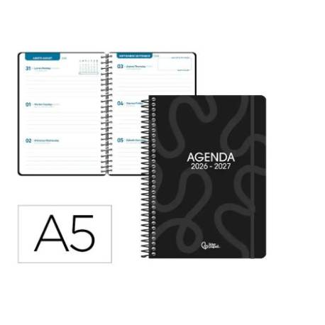 AGENDA ESCOLAR LIDERPAPEL 26-27 ESPIRAL CLASSIC SEMANA VISTA A5 BILINGUE 70G PAPEL FSC NEGRO