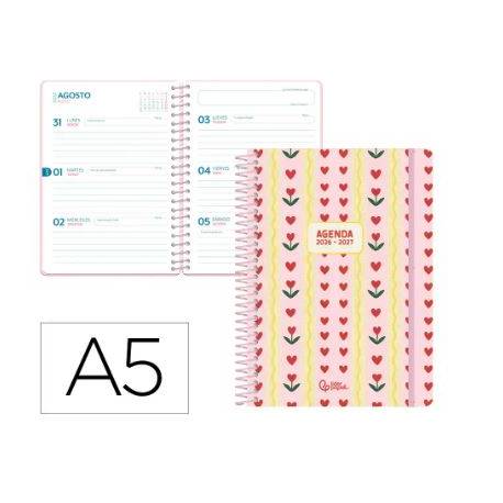AGENDA ESCOLAR LIDERPAPEL 26-27 ESPIRAL COTTAGE SEMANA VISTA A5 BILINGUE 80G PAPEL FSC ROSA CORAZONES