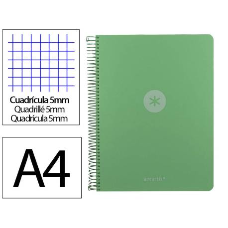 CUADERNO ESPIRAL ANTARTIK MICRO A4 TAPA FOAM 120H 90GR CUADRO 5MM 5 BANDAS 4 TALADROS COLOR VERDE MATCHA