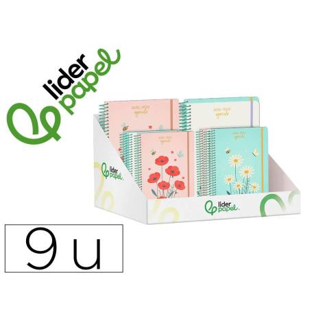 AGENDA ESCOLAR LIDERPAPEL 26-27 ESPIRAL FLOWERS DISEÑOS SURTIDOS BILINGÜE 80G PAPEL FSC EXPOSITOR 9 UNIDADES