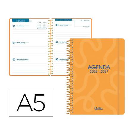AGENDA ESCOLAR LIDERPAPEL 26-27 ESPIRAL CLASSIC SEMANA VISTA A5 BILINGUE 70G PAPEL FSC NARANJA