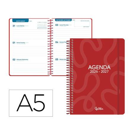 AGENDA ESCOLAR LIDERPAPEL 26-27 ESPIRAL CLASSIC SEMANA VISTA A5 BILINGUE 70G PAPEL FSC ROJO