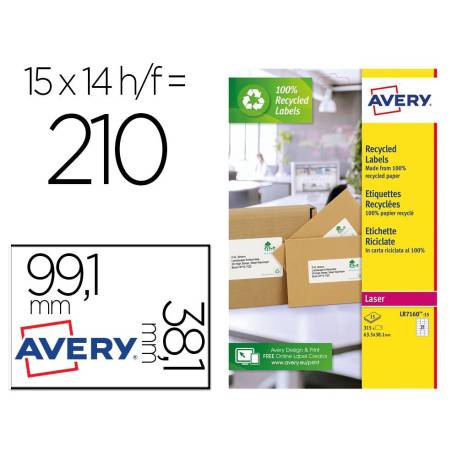 ETIQUETA ADHESIVA AVERY BLANCA PERMANENTE RECICLADA 100% PARA IMPRESORA LASER 99,1X38,1 MM CAJA DE 210