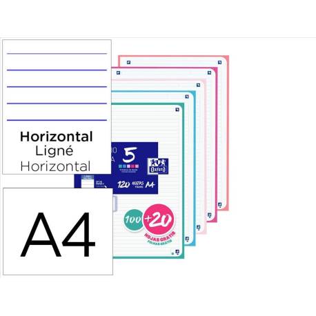 RECAMBIO OXFORD DIN A4 100 HOJAS + 20 HOJAS GRATIS 90GR HORIZONTAL 4 TALADROS CON BANDA COLORES PASTEL