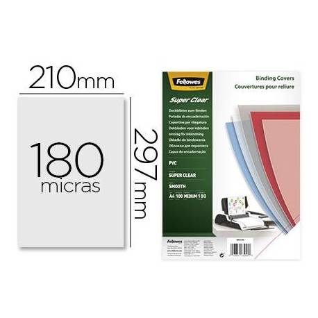 Tapa de Encuadernacion PVC Fellowes DIN A4 Color Transparente Cristal 180 micras pack 100 uds