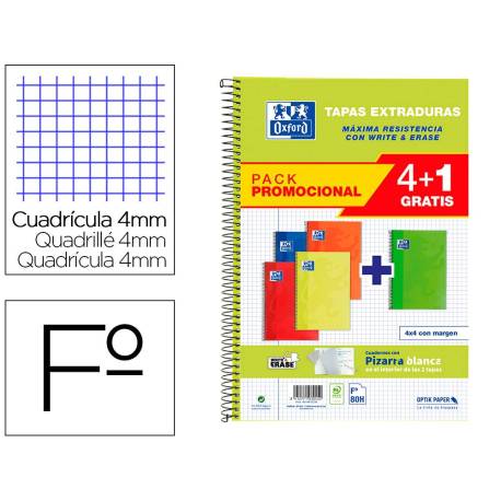 Cuaderno espiral oxford tapa extradura folio 80 hojas cuadro 4 mm con pizarra blancapack 4+1 colores surtidos