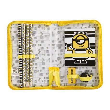 BOLSO PORTATODO CON CREMALLERA MINIONS CON LIBRETA GOMA SACAPUNTAS Y LAPICES COLORES