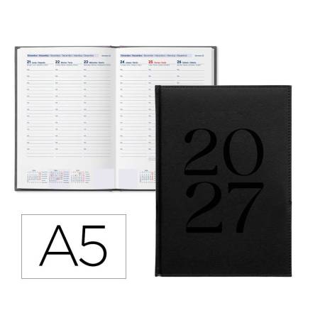 AGENDA OFICINA LIDERPAPEL 2027 ENCUADERNADA CRETA SEMANA VISTA A5 BILINGUE 70G PAPEL FSC BLACK