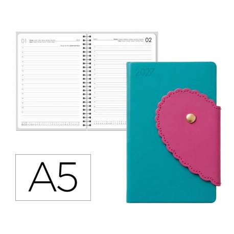 AGENDA OFICINA LIDERPAPEL 2027 ENCUADERNADA HEART CLOSURE DIA PAGINA A5 BILINGUE 70G PAPEL FSC DESIGN