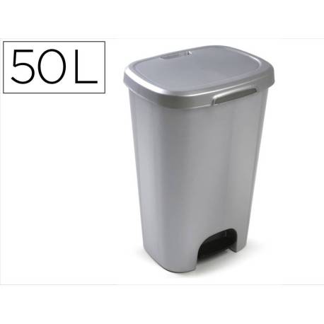 PAPELERA CONTENEDOR PLASTICFORTE PLASTICO CON TAPADERA Y PEDAL 50 LITROS COLOR PLATA 410X360X635 MM
