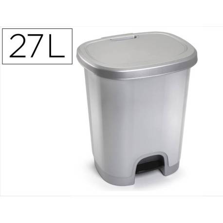 PAPELERA CONTENEDOR PLASTICFORTE PLASTICO CON TAPADERA Y PEDAL 27 LITROS COLOR PLATA 380X320X450 MM