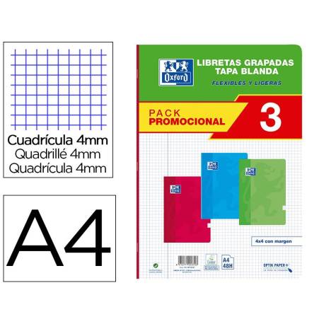 LIBRETA ESCOLAR OXFORD TAPA BLANDA DIN A4 48 HOJAS CUADRO 4 MM PACK DE 3 UNIDADES COLORES SURTIDOS