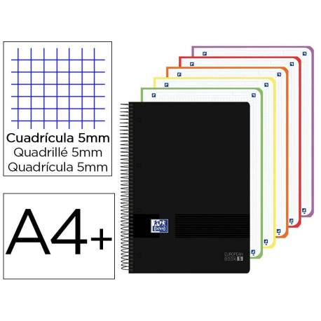CUADERNO ESPIRAL OXFORD EUROPEANBOOK 5 TAPA PLASTICO DIN A4+ 120 HOJAS CUADRO 5 MM COLOR NEGRO