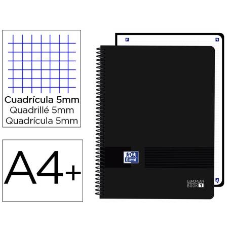 CUADERNO ESPIRAL OXFORD EUROPEANBOOK 1 LIVE&GO TAPA PLASTICO DIN A4+ 80 HOJAS CUADRO 5 MM COLOR NEGRO