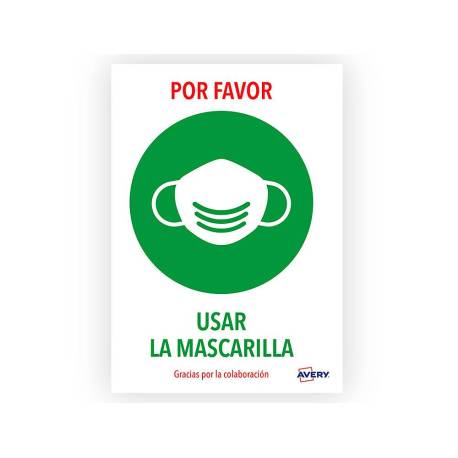 SEÑAL ADHESIVA AVERY USAR MASCARILLA DIN A4 RESISTENTE A LOS RAYOS UV PACK DE 2 UNIDADES